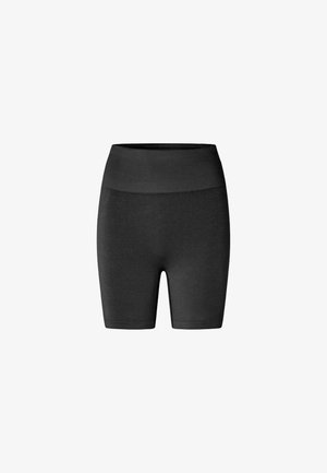 Zwarte, naadloze, high-waist stretchshorts tot aan de knie, ontworpen voor sportkleding of casual gebruik.