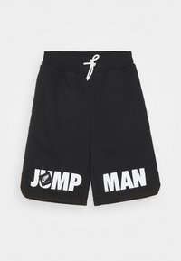 Schwarze sportliche Shorts aus Baumwollmischung. Mit einem Kordelzugbund und großen weißen Texten "JUMP" und "MAN" an den Beinen. Glatte Textur.
