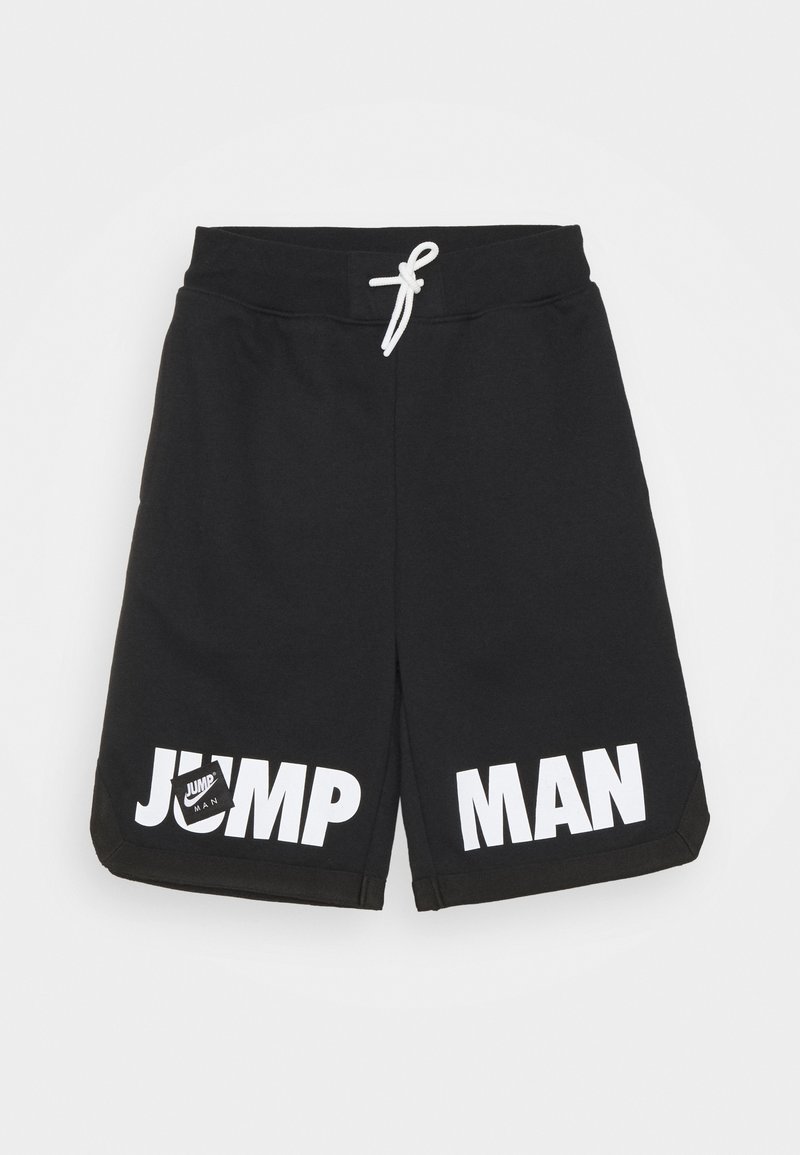Schwarze sportliche Shorts aus Baumwollmischung. Mit einem Kordelzugbund und großen weißen Texten "JUMP" und "MAN" an den Beinen. Glatte Textur.