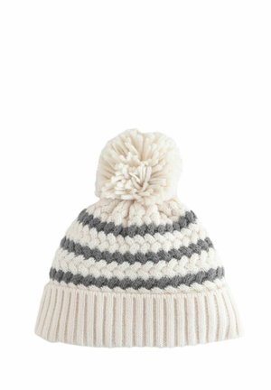 Gebreide muts met een crèmekleurig en grijs gestreept patroon, met een structuur in de stof en een pompon bovenop. Geribbelde rand voor een stevige pasvorm.
