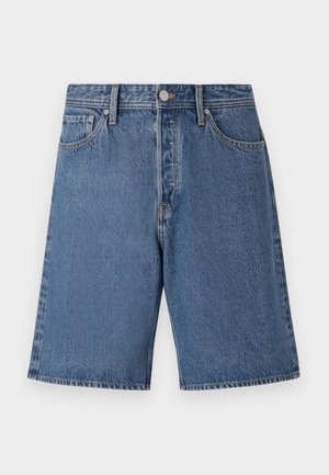 Világoskék farmer sort, fakó textúrával, öt zsebes kialakítással és gombos záródással a deréknál.