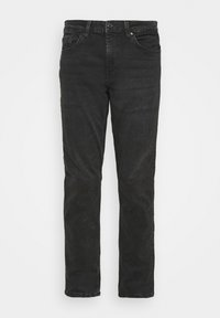 Jean en denim noir avec une coupe droite, comportant une fermeture à bouton et à glissière, des poches avant et une texture légèrement décolorée.