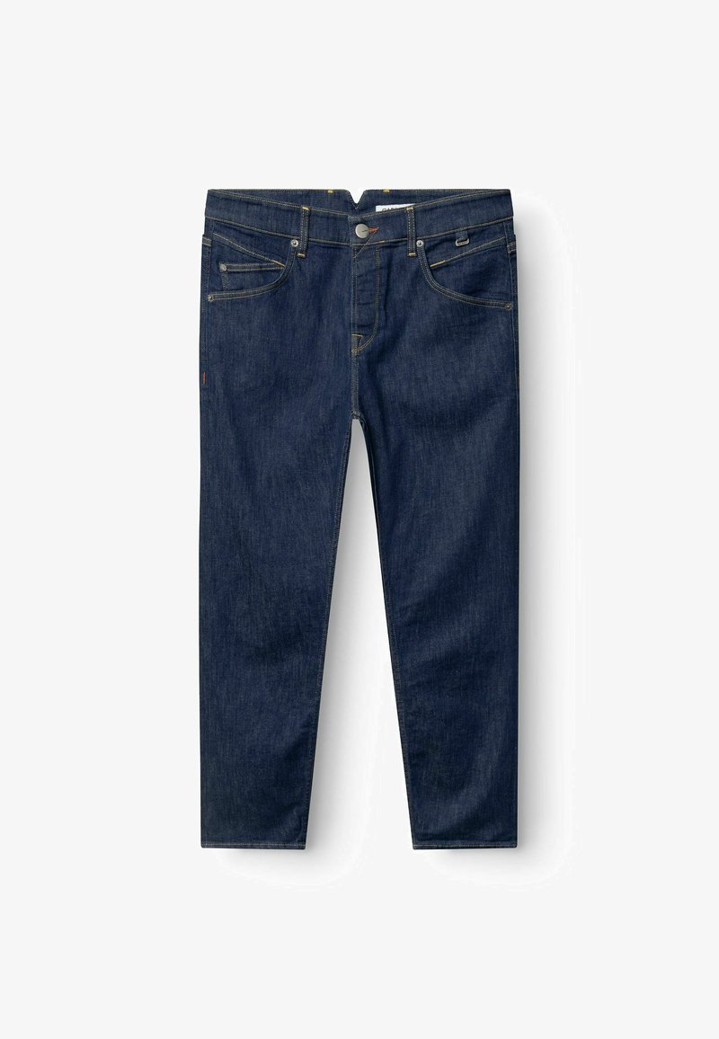 Sötétkék farmernadrág klasszikus öt zsebes kialakítással, vörösréz varrással és egyenes szárú szabással. Elöl gombos záródással rendelkezik.