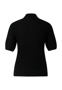 Black short-sleeve sweater with a polo collar, made of a soft, textured fabric. The design features a fitted silhouette and a smooth finish.