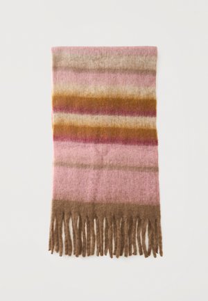 Écharpe douce en laine avec des rayures horizontales roses, marron, moutarde et beige, avec des franges aux extrémités.