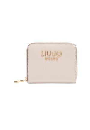 Portafoglio in pelle beige Liu Jo Milano con cerniera dorata e logo sul davanti, rettangolare con angoli arrotondati.