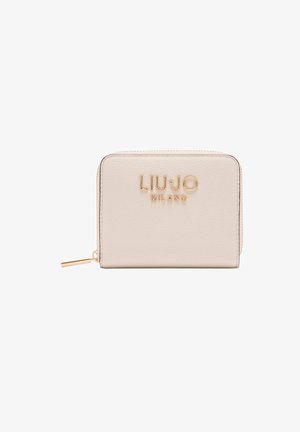 Portefeuille en cuir beige Liu Jo Milano avec fermeture éclair dorée et logo sur le devant, rectangulaire avec des coins arrondis.