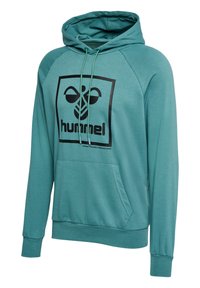 Türkiser Hoodie mit Kordelzug und einer Vorderseite-Tasche. Mit einem schwarzen Grafiklogo auf der Brust und gerippten Bündchen. Weiches, strukturiertes Material.