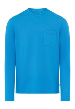 Langærmet blå T-shirt lavet af blød bomuld, med rund halsudskæring og en lille frontlomme på venstre side.