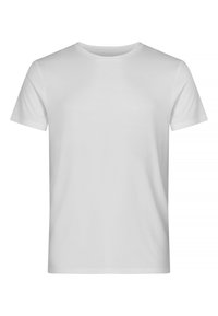 Hvid bomulds t-shirt, korte ærmer, rund hals. Glat tekstur, ingen mønstre eller accenter. Standard pasform og -form med et enkelt design.