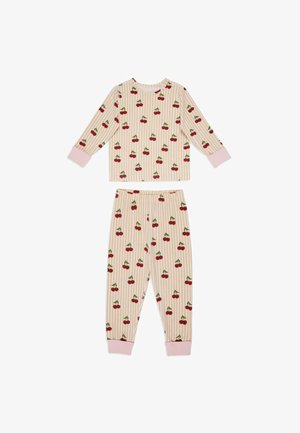 Set di pigiami a maniche lunghe per bambini con strisce beige e bianche, motivi di ciliegie rosse e polsini rosa su maniche e pantaloni.