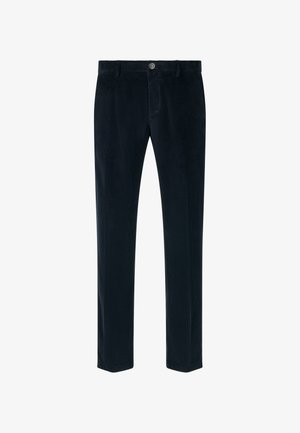 Tumed sinise värvi keppkarvased püksid sirge lõikega, millel on nööbiga sulgemine, ees taskud ja pehme tekstuur.