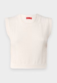 Bezrękawnik w białym kolorze, wykonany z dzianiny, z prążkowanym okrągłym dekoltem i teksturowanymi detalami po bokach. Charakteryzuje się gładkim wykończeniem i subtelnymi pionowymi wzorami.