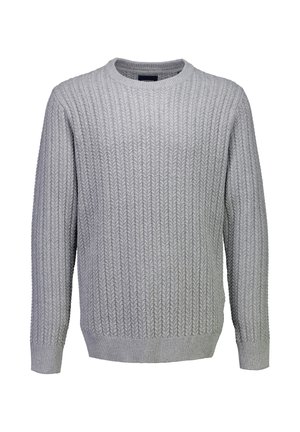 Suéter de punto gris claro con textura acanalada, cuello redondo y mangas largas. Presenta un diseño clásico con puños y dobladillo elásticos.