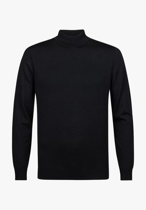 Suéter negro de cuello alto, hecho de un suave tejido de punto, con mangas largas y un corte ajustado. Diseño minimalista sin patrones ni herrajes visibles.