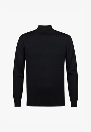 Black turtleneck sweater made of soft knit fabric, featuring long sleeves and a slim fit. Minimalist design with no visible patterns or hardware.