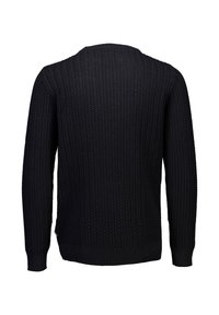 Maglione nero a maglia con un motivo testurizzato e scollatura a girocollo; maniche lunghe e polsini e orlo a coste. Vista posteriore mostrata.
