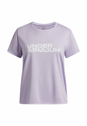 Lavendelkleurig T-shirt met korte mouwen, gemaakt van gladde stof, met een groot wit "UNDER ARMOUR" logo aan de voorkant. Ronde halslijn.