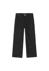 Mustat farkut suoran lahkeen leikkauksella, joissa on etutasku ja sivussa cargo-tasku. Kestävä kangas, jossa näkyvät ompeluyksityiskohdat.