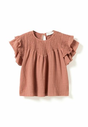 Rozsdaszínű rövid ujjú blúz fodros ujjakkal és ráncolt vállrésszel, kerek nyakkivágással, valamint kulcslyuk-gombos záródással a hátoldalon.
