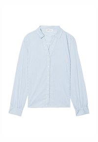 Chemise à manches longues à rayures verticales bleu clair et blanc, avec col et fermeture boutonnée devant.