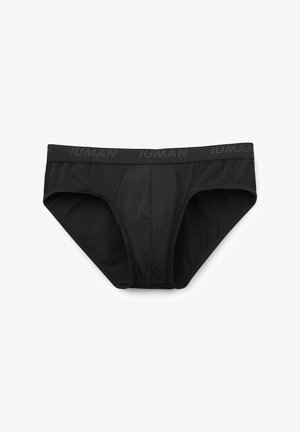 Bóxer negro para hombres, hecho de una tela suave, con una amplia cinturilla elástica que presenta el nombre de la marca y un panel frontal para soporte.