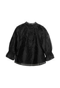 Czarna bluzka z długimi rękawami, marszczonym dekoltem i kwiatowymi haftowanymi wzorami. Wykonana z gładkiej tkaniny z przezroczystą podszewką.