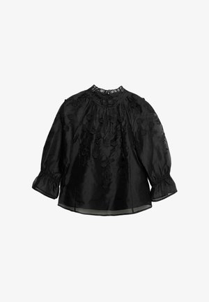 Zwarte blouse met lange mouwen, gerimpelde halslijn en bloemrijk geborduurde patronen. Gemaakt van een gladde stof met een doorzichtige voering.