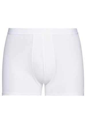 Weiße Herren-Boxershorts mit breitem Bund und Frontbeutel aus glattem, elastischem Stoff.