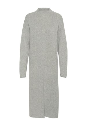 Halli kohev kleit pikkade varrukatega, kõrge kaelusega ja külgvahega. Pehme tekstuur, põlvepikkune lõige ja minimalistlik disain, ilma nähtavate mustriteta.