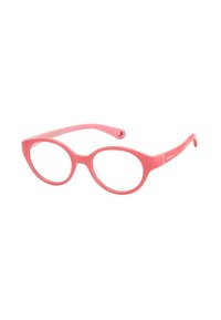 Occhiali da vista in plastica rosa con una forma arrotondata a occhi di gatto, aste sottili e lenti trasparenti; presenta un logo discreto sulla stanghetta.