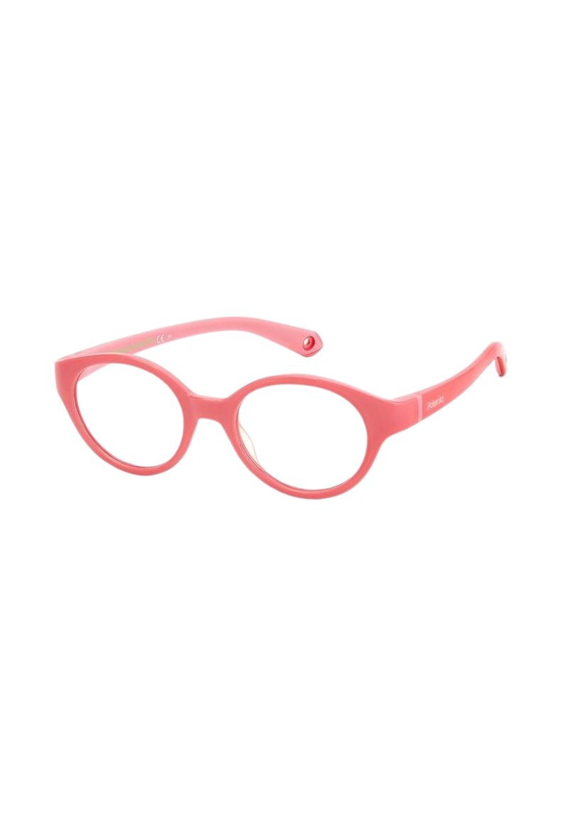 Occhiali da vista in plastica rosa con una forma arrotondata a occhi di gatto, aste sottili e lenti trasparenti; presenta un logo discreto sulla stanghetta.