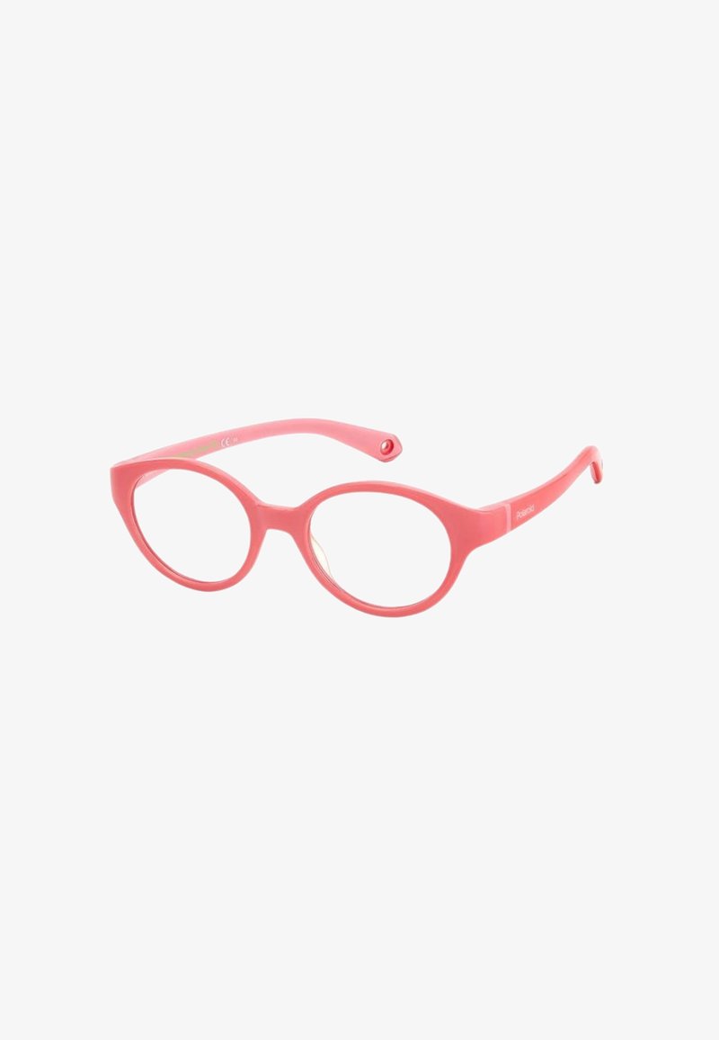 Occhiali da vista in plastica rosa con una forma arrotondata a occhi di gatto, aste sottili e lenti trasparenti; presenta un logo discreto sulla stanghetta.