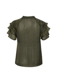 Blouse vert olive avec texture plissée, manches courtes à volants et col froncé. Tissu léger et fluide avec une coupe ample.