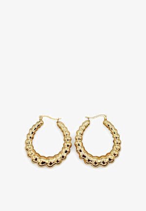 Orecchini a cerchio in oro con un design testurizzato che presenta segmenti alternati lisci e arrotondati. Chiusura a scorrimento e finitura lucida.