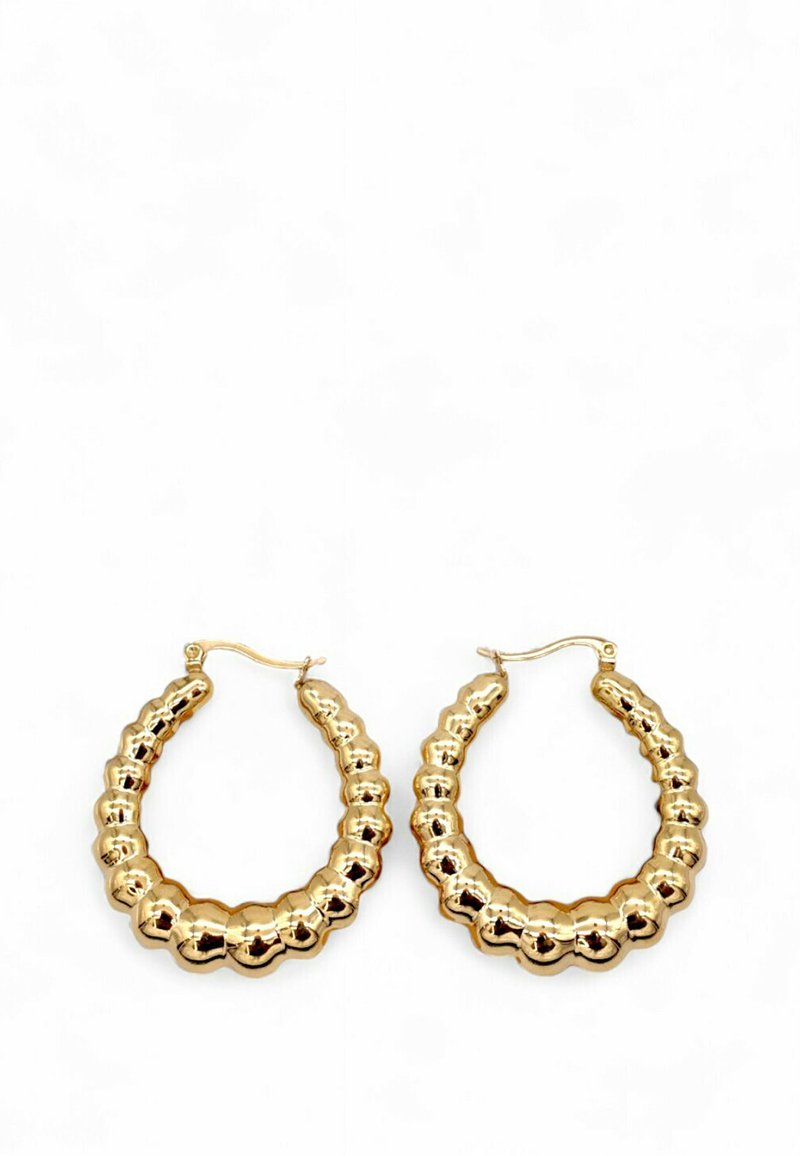 Orecchini a cerchio in oro con un design testurizzato che presenta segmenti alternati lisci e arrotondati. Chiusura a scorrimento e finitura lucida.