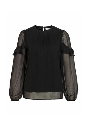 VILA, LONG SLEEVED TOP VIELLY ROUND NECK - Blouse - black beauty