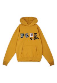 Felpa gialla con tasca frontale, con lettere ricamate "P G R" in vari colori e un elemento di design curvo. Tessuto morbido.