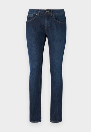 Dunkelblaue Jeans aus Denim mit geradem Beinschnitt, ausgestattet mit vorderen und hinteren Taschen sowie kontrastierendem orangefarbenem Nähen.