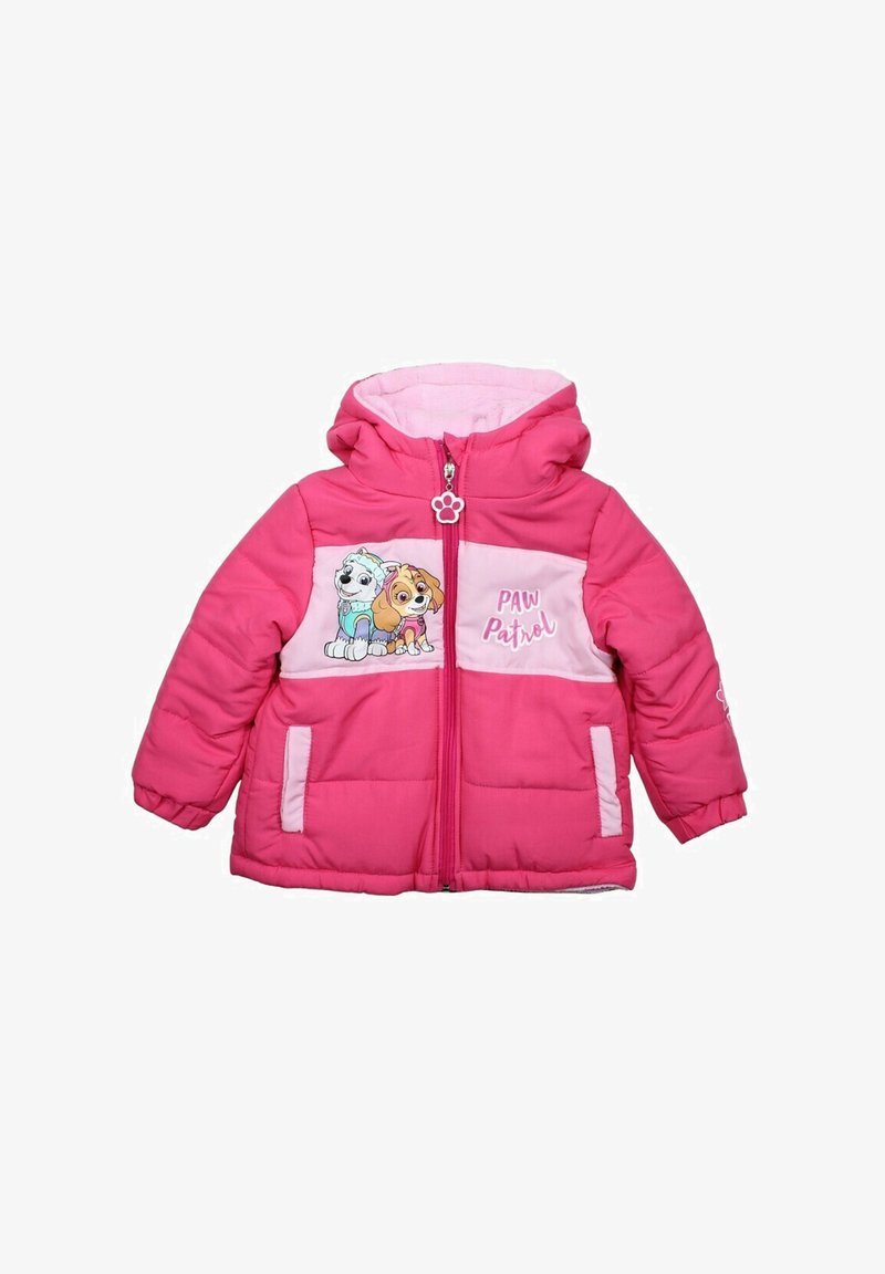 Veste rose en duvet avec capuche, dotée d'une fermeture éclair blanche, de deux poches latérales et d'une illustration de personnages de chien de Paw Patrol.