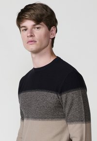 Strickpullover mit Rundhalsausschnitt, der horizontale Streifen in Marineblau, Grau und Beige aufweist. Glatte Textur; strukturierte Passform.