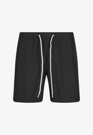 Sorte badeshorts med elastisk talje og hvid snøre. Glat tekstur, knælængde design, ingen synlige lommer eller mønstre.