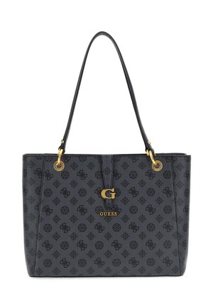 Borsa tote sintetica nera con motivo in rilievo, hardware in tonalità oro, doppi manici e accento con logo G. Dimensioni medie con forma strutturata.