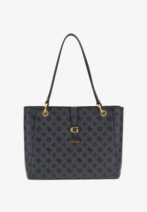 Borsa tote sintetica nera con motivo in rilievo, hardware in tonalità oro, doppi manici e accento con logo G. Dimensioni medie con forma strutturata.