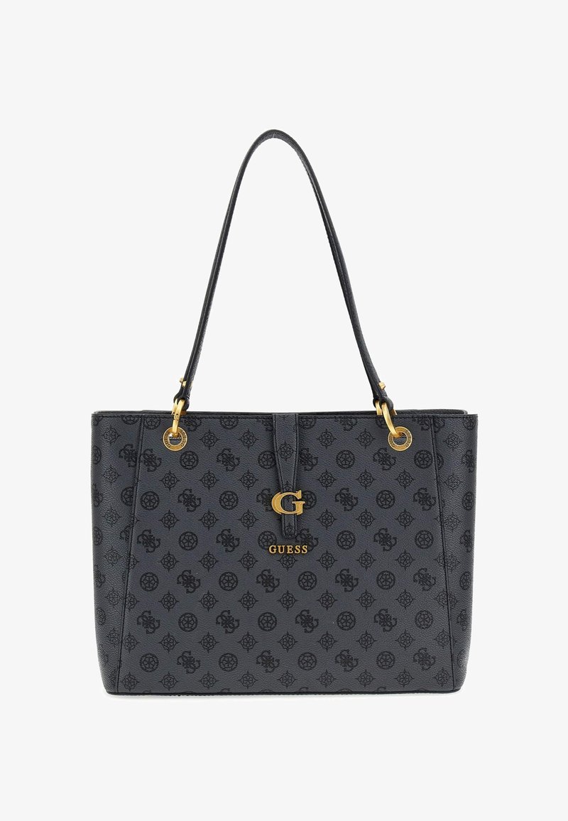 Borsa tote sintetica nera con motivo in rilievo, hardware in tonalità oro, doppi manici e accento con logo G. Dimensioni medie con forma strutturata.