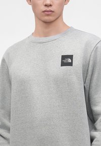 Jeune personne portant un sweat-shirt gris clair avec un petit logo carré noir de The North Face sur la poitrine gauche.