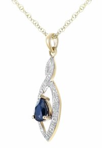 Gul- og sølvvedhængs halskæde med en t�åreformet blå ædelsten omkranset af små klare ædelsten i et åbent design.
