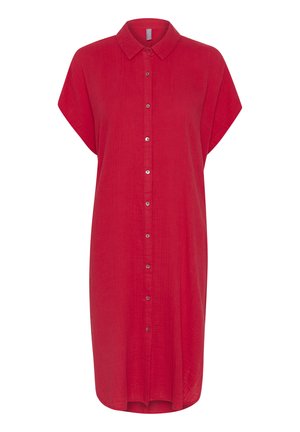 Rochie roșie cu mânecă scurtă, cu deschidere cu nasturi în față, guler și o croială lejeră. Fabricată dintr-un material ușor, texturat.