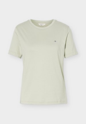 T-shirt verde chiaro a maniche corte in cotone con scollo rotondo e piccolo logo ricamato sul petto a sinistra.