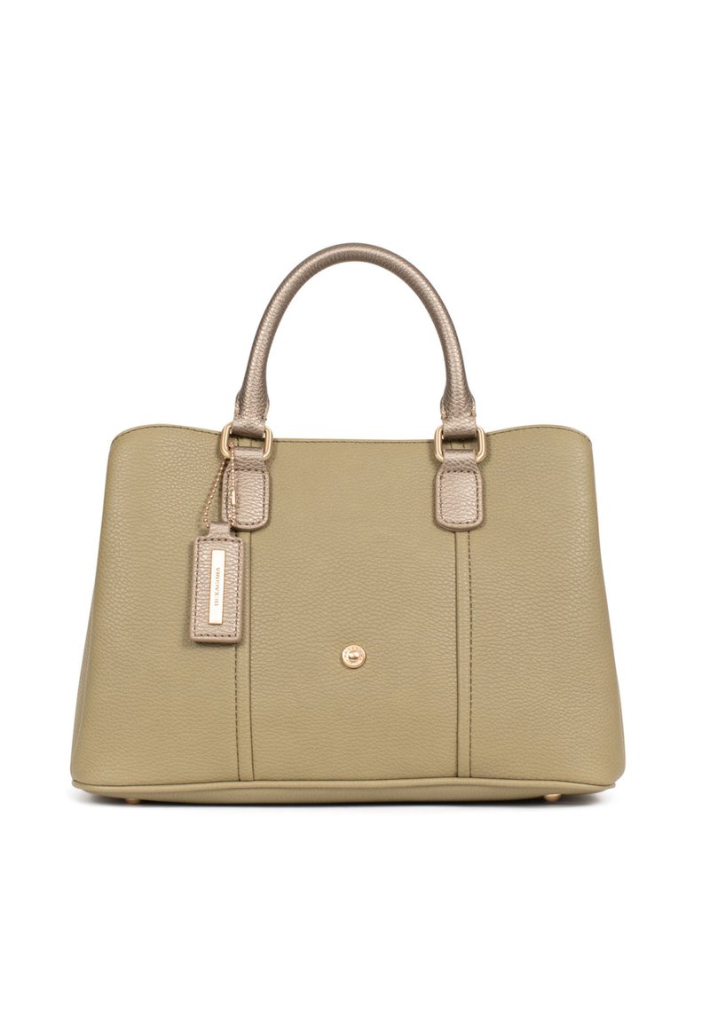 Borsa a tracolla in pelle verde oliva con dettagli metallici dorati, due manici superiori e forma rettangolare. Presenta un'etichetta piccola e una finitura testurizzata.